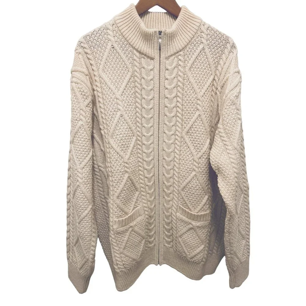 BLARNEY WOOLLEN MILLS ARANS - Hand-Knit Full Zip Aran Cardigan White Size 3XL - Picture 6 of 11